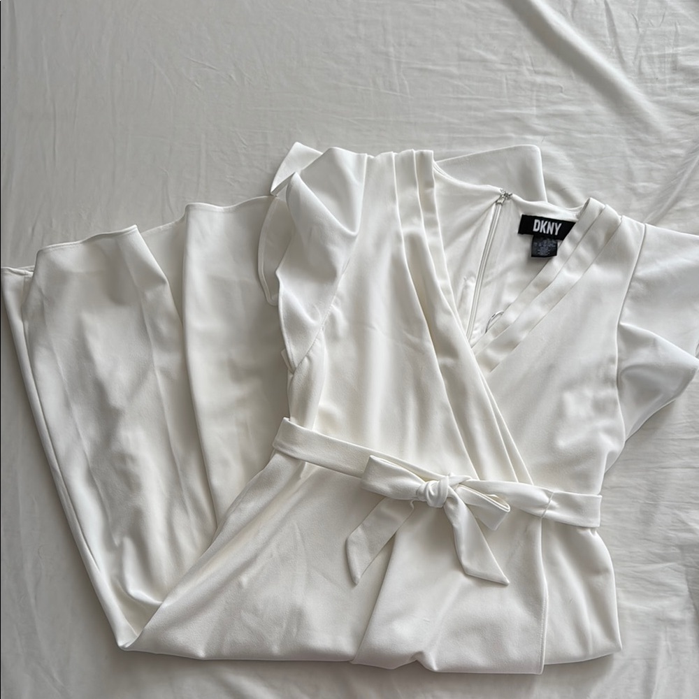 DKNY White Flutter Sleeve Faux Wrap Midi Dress